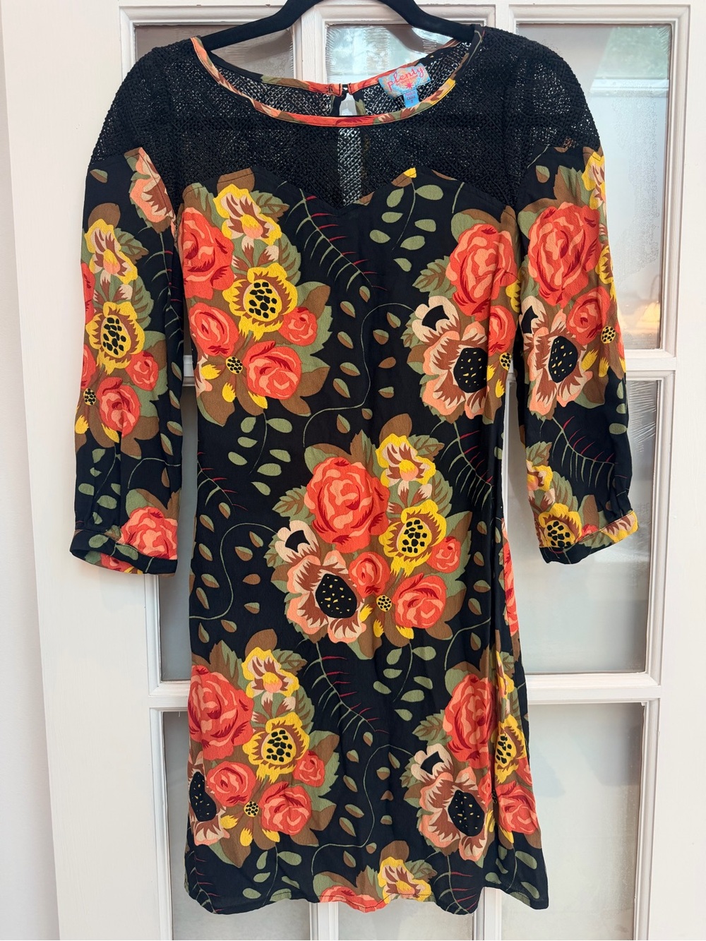 Plenty by Tracy Reese Retro Goth Chic Black Floral Mini Dress Lace Yoke Size 4